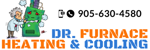 Logo that says Dr. Furnace Heating and cooling with an icon for texting or calling 905-630-4580